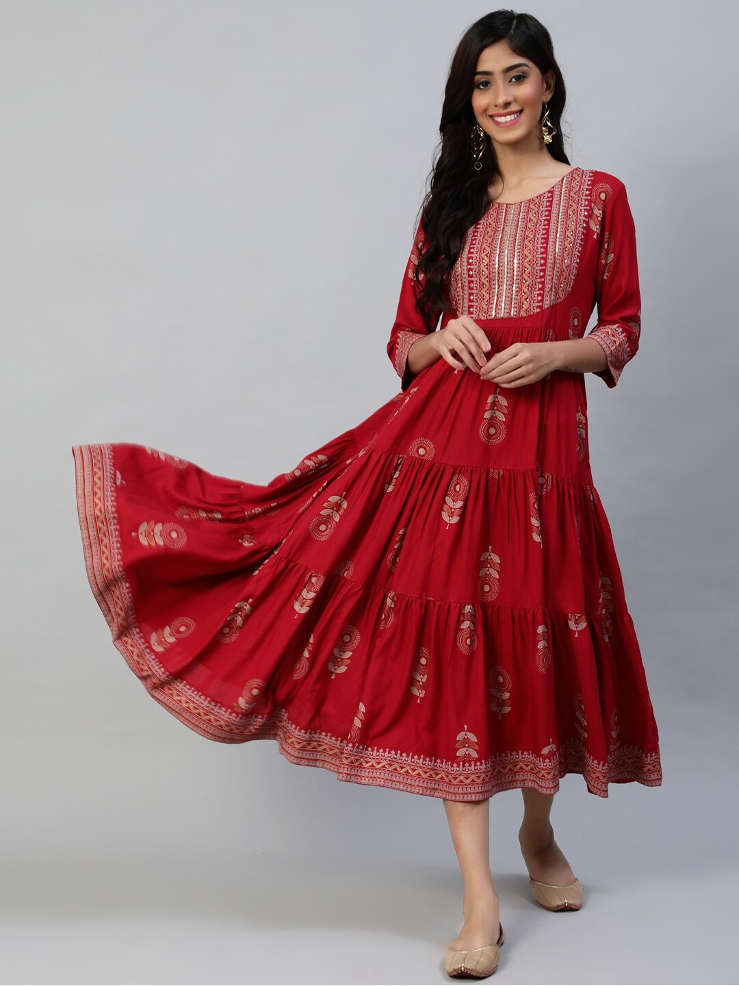 

Anubhutee Maroon Ethnic Motifs Ethnic A-Line Midi Dress