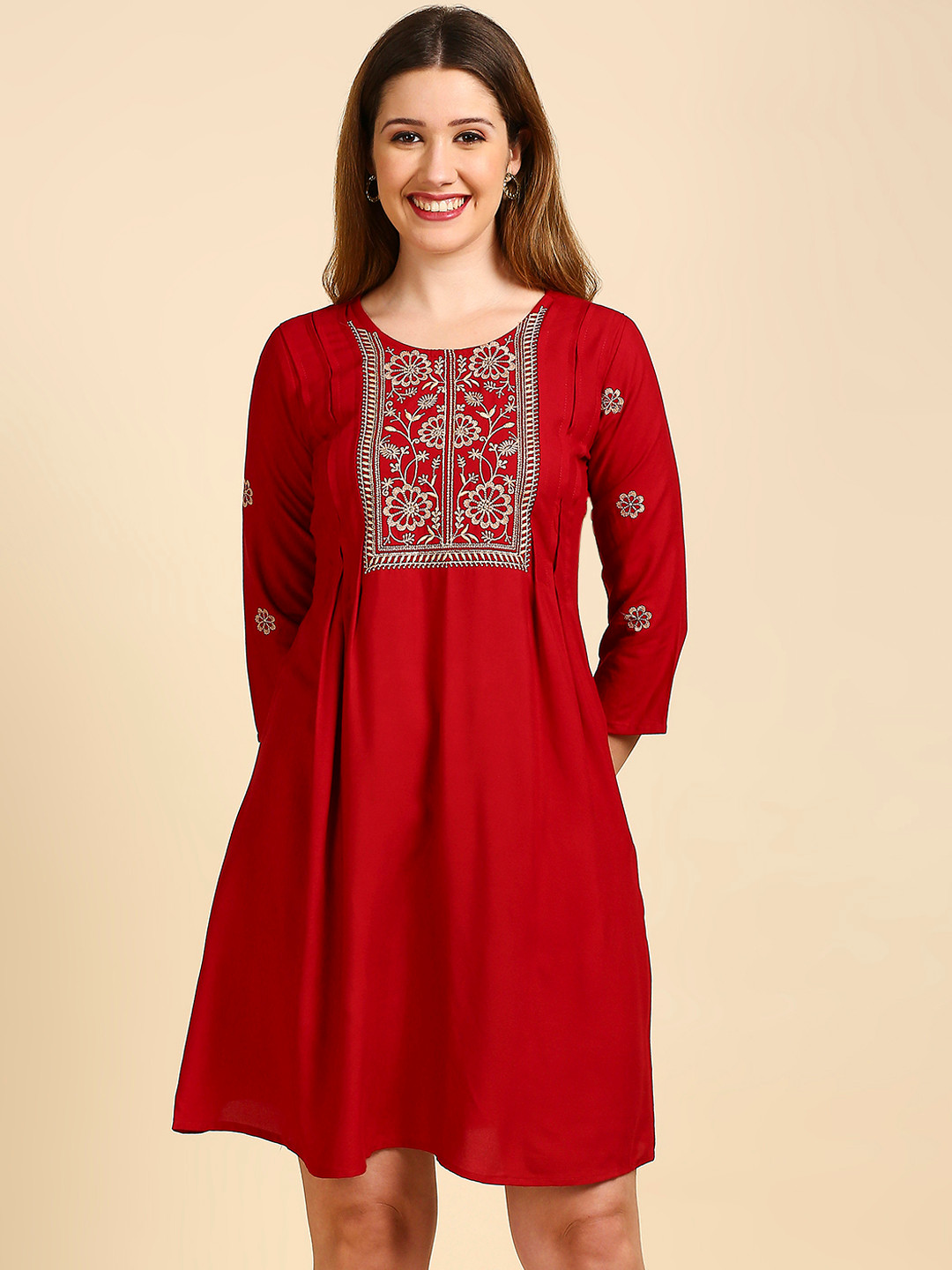 

Anubhutee Maroon Ethnic Motifs A-Line Dress