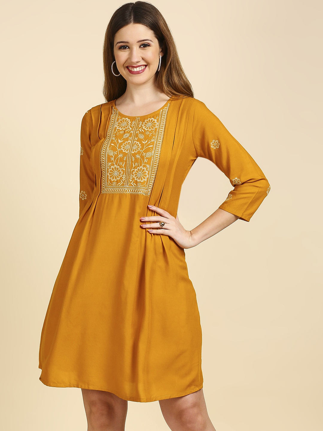 

Anubhutee Mustard Yellow Ethnic Motifs Embroidered A-Line Dress
