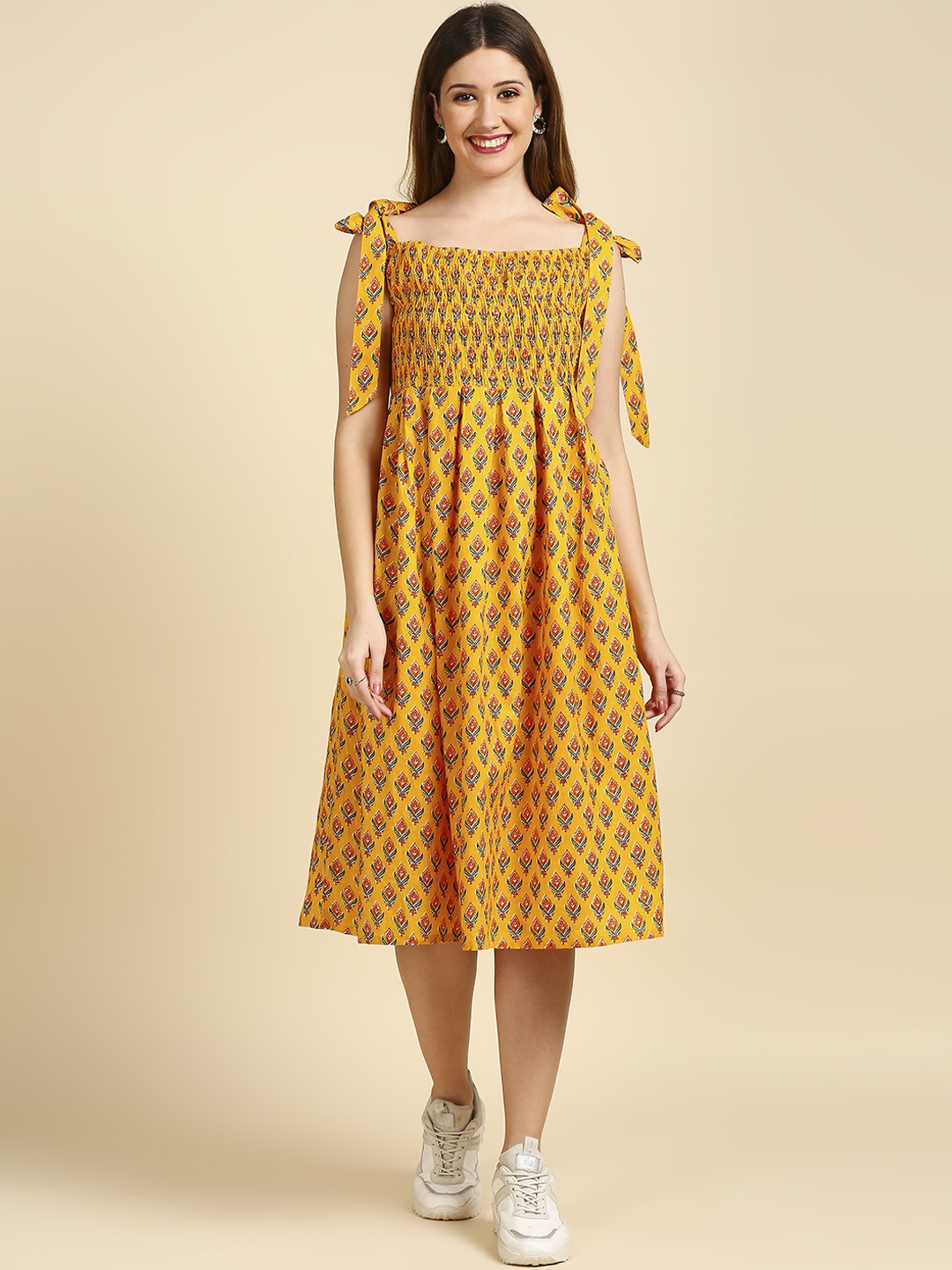 

Anubhutee Yellow Ethnic Motifs Empire Midi Dress