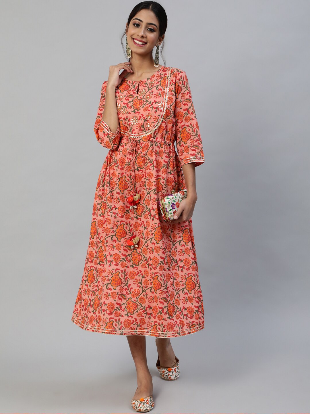 

Anubhutee Coral Ethnic Motifs Ethnic Maxi Midi Dress