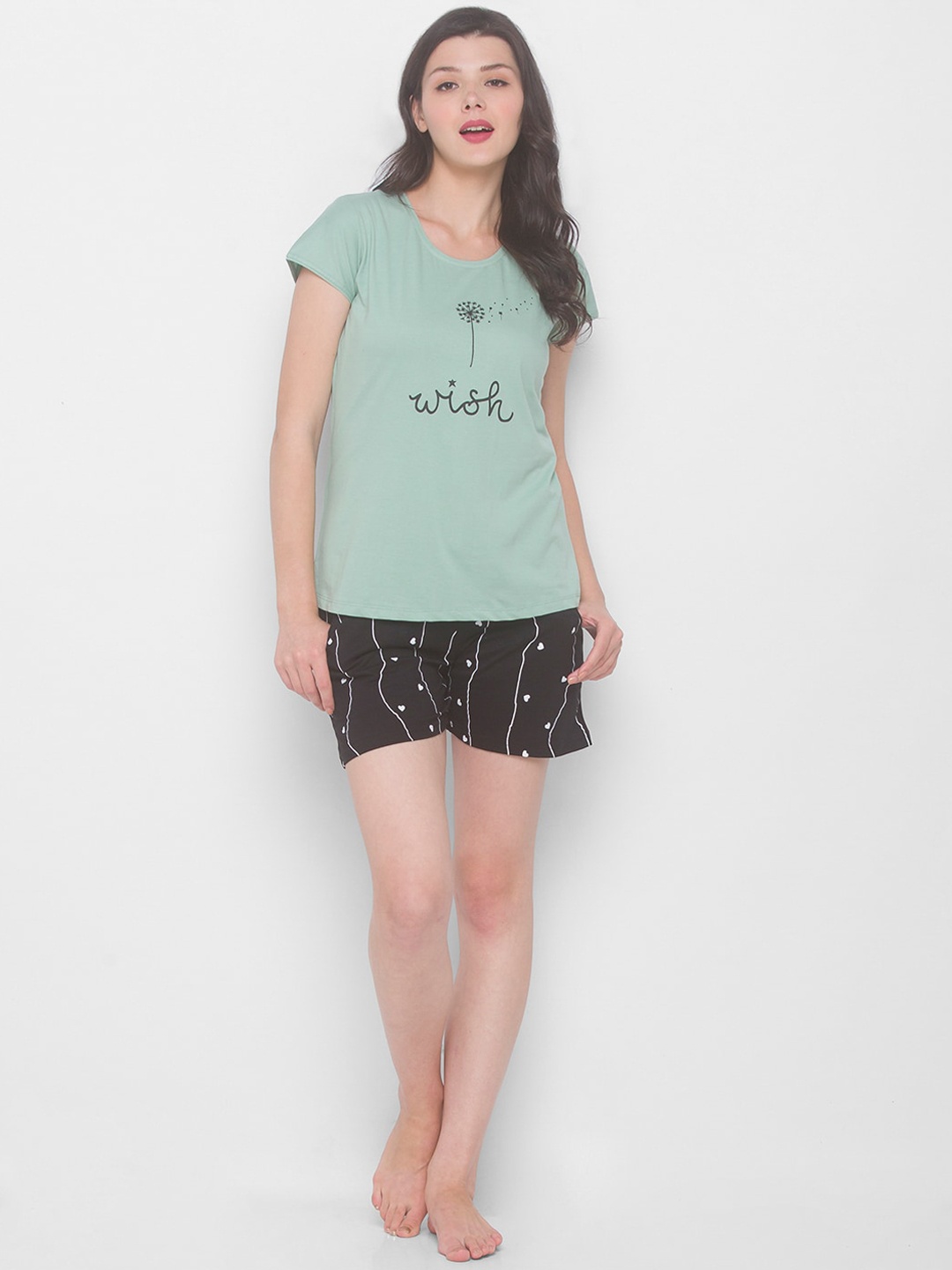 

AV2 Women Sea Green & Black Printed Pure Cotton Night suit