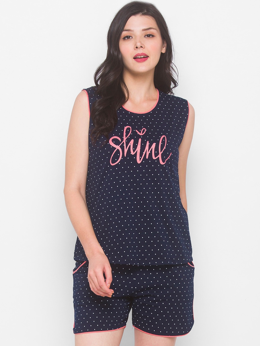 

AV2 Women Navy Blue & White Polka Dots Printed Pure Cotton Night Suit