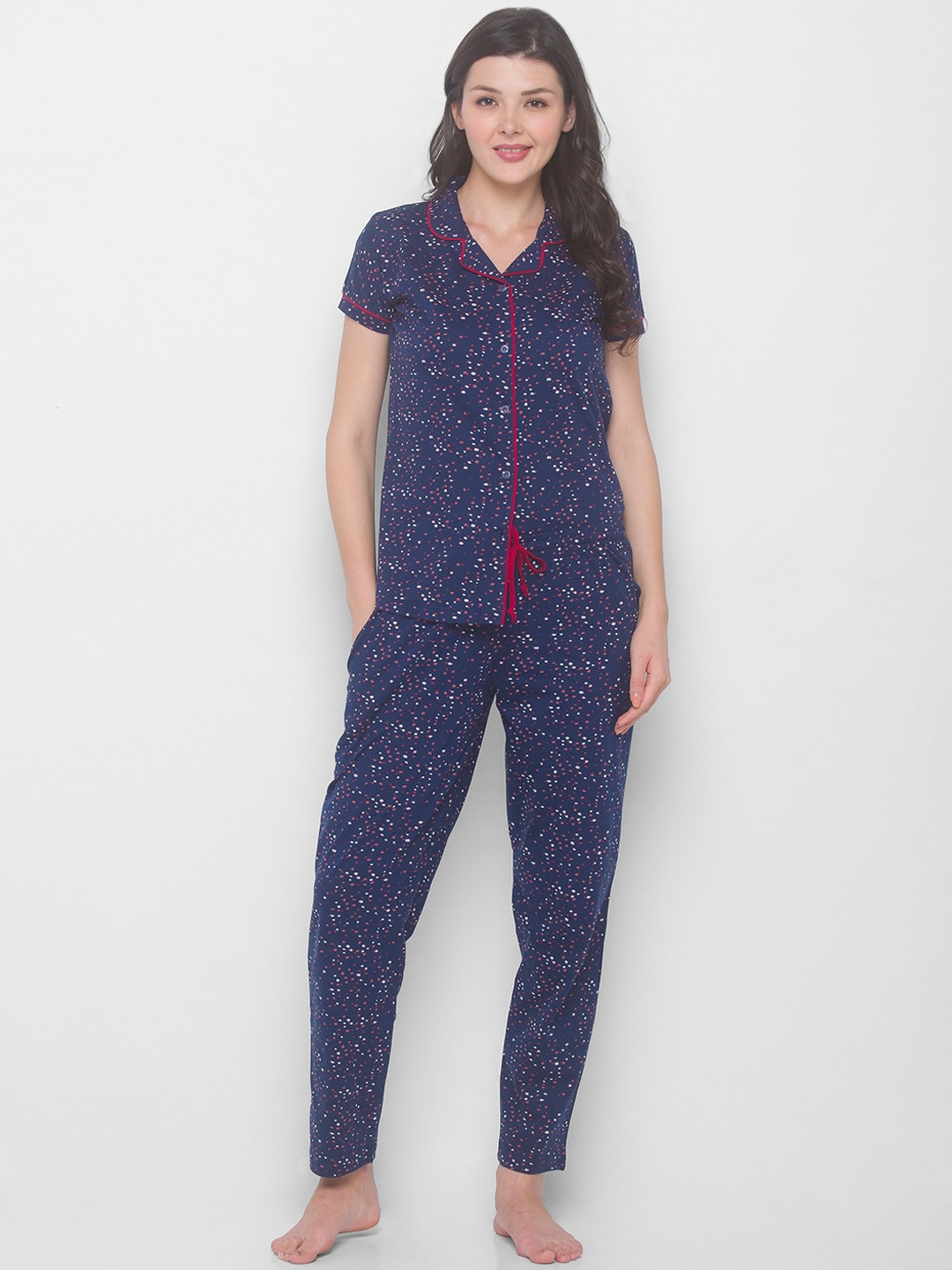 

AV2 Women Navy Blue & Red Printed Night Suit