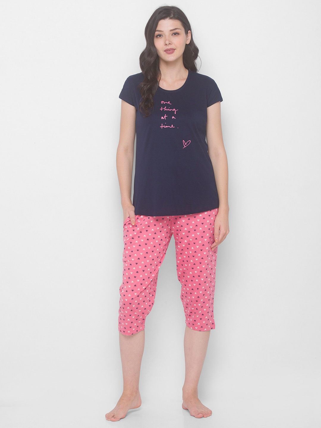 

AV2 Women Pink & Navy Blue Graphic Printed Pure Cotton Nightsuit