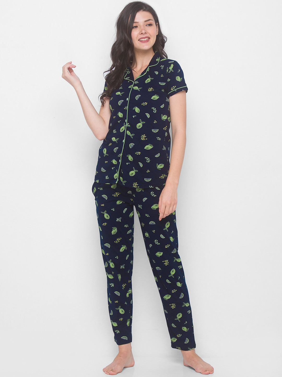 

AV2 Women Navy Blue & Green Printed Night suit