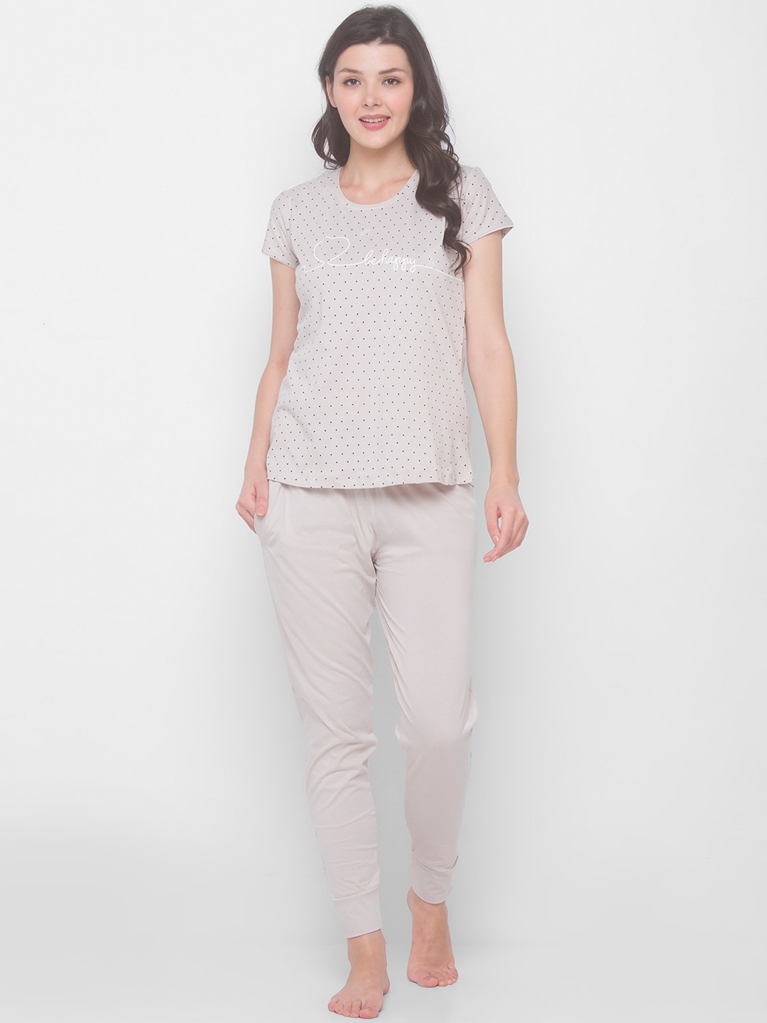 

AV2 Women Beige & Black Printed Night suit