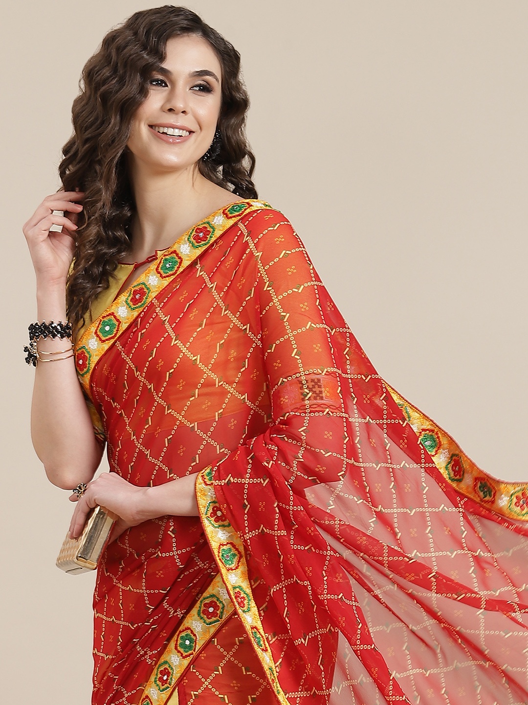 

Mitera Yellow & Red Bandhani Saree