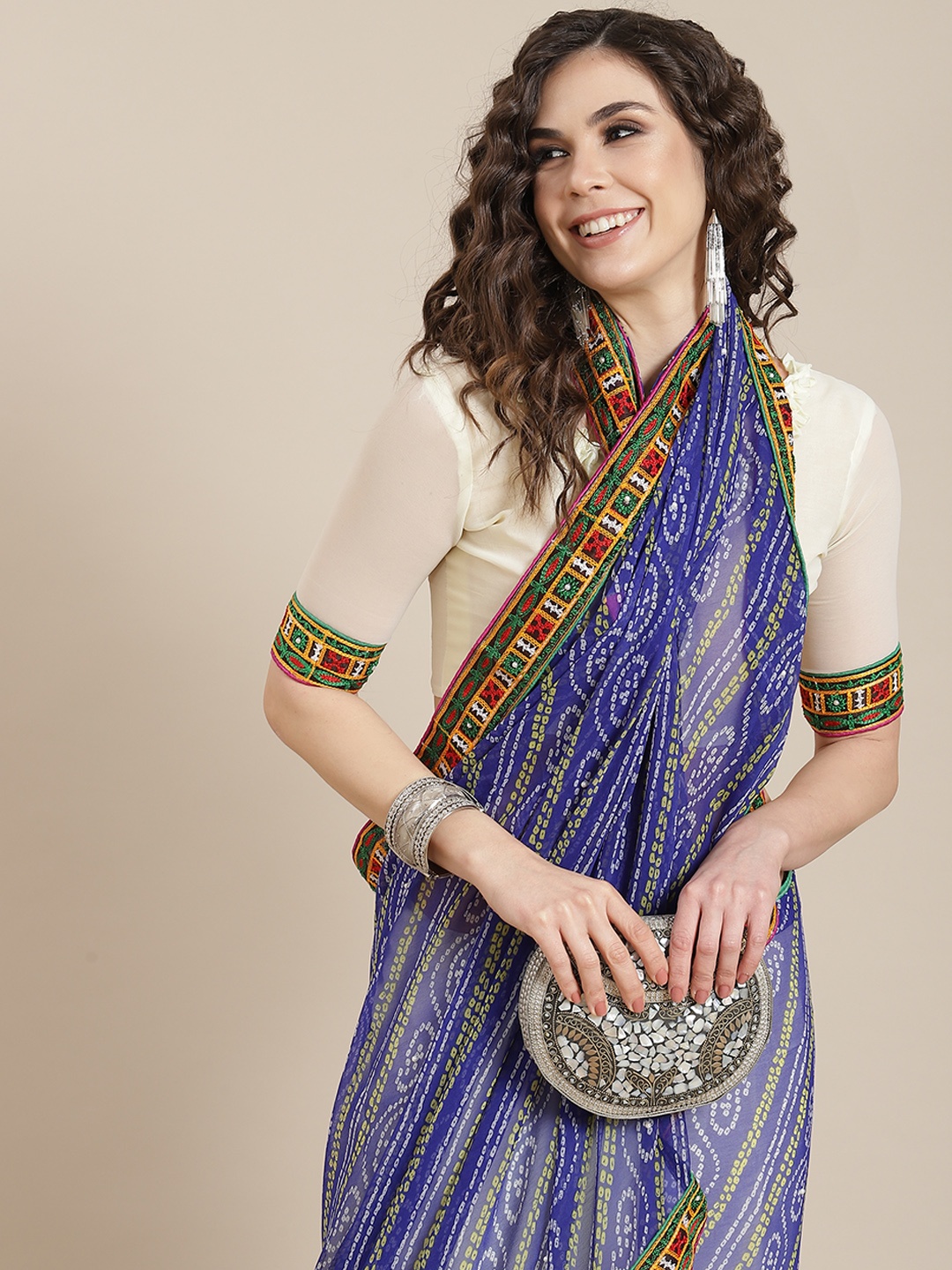 

Mitera Blue & White Half & Half Bandhani Saree
