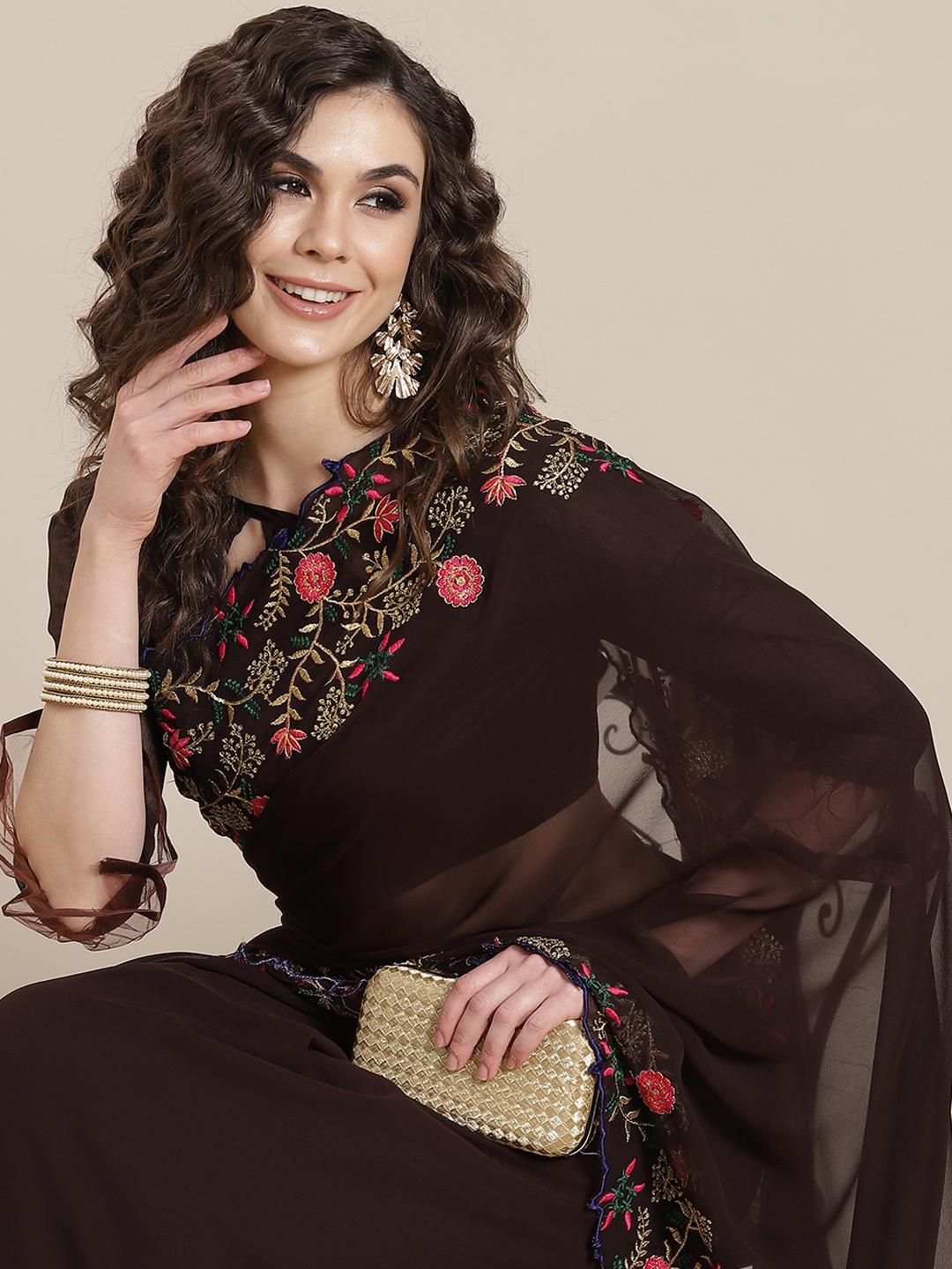 

Mitera Coffee Brown & Red Floral Embroidered Saree