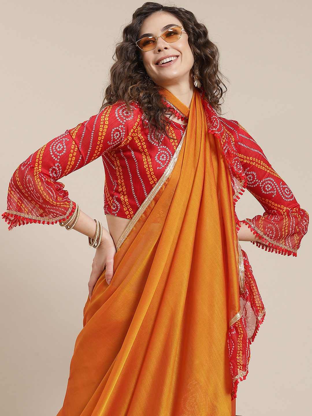 

Mitera Mustard Yellow Bandhani Saree