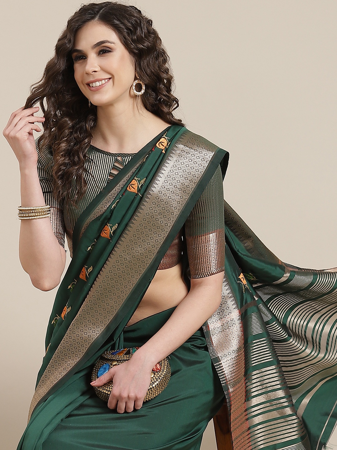

Mitera Green Embroidered Chanderi Saree