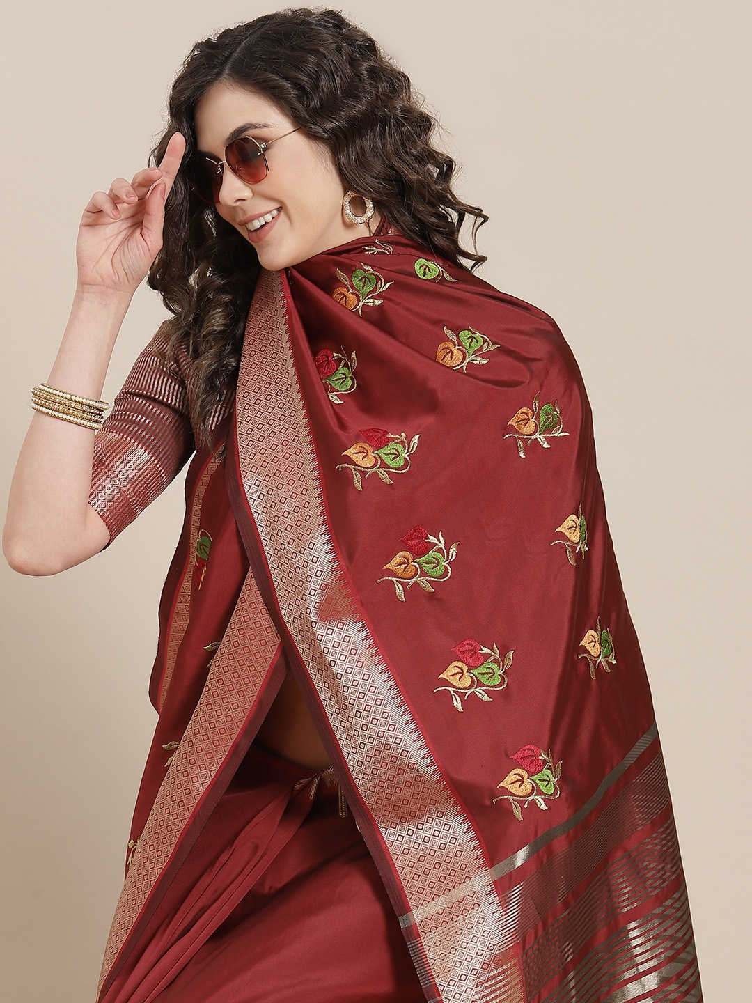 

Mitera Maroon Floral Embroidered Chanderi Saree