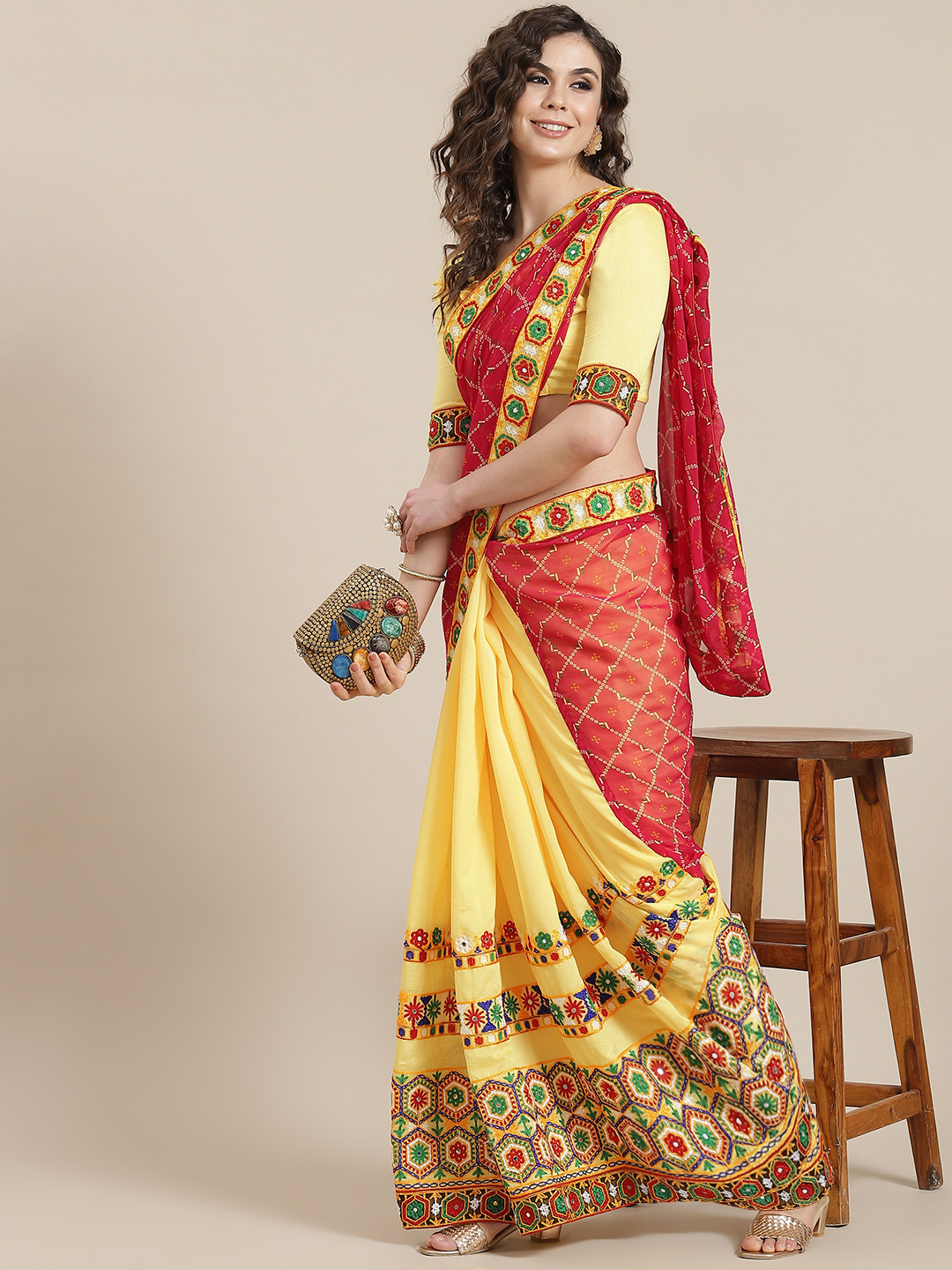 

Mitera Yellow & Pink Bandhani Saree