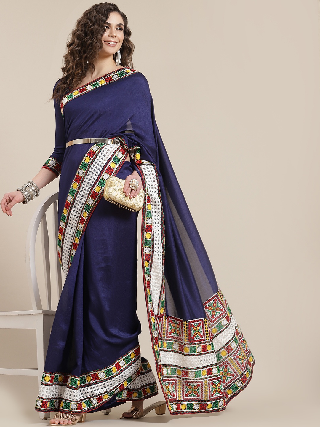 

Mitera Navy Blue Embroidered Chanderi Saree