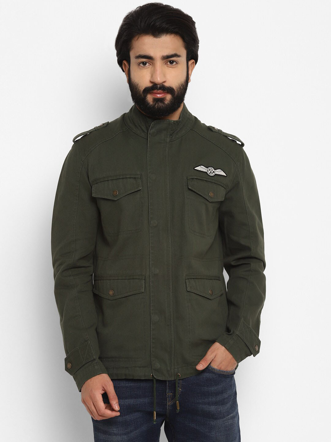 

Royal Enfield Men Green Solid Tailored Jacket