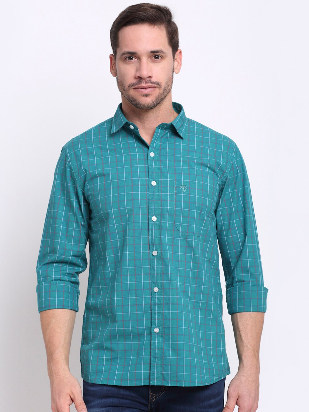 

Cantabil Men Green Buffalo Checked Cotton Casual Shirt