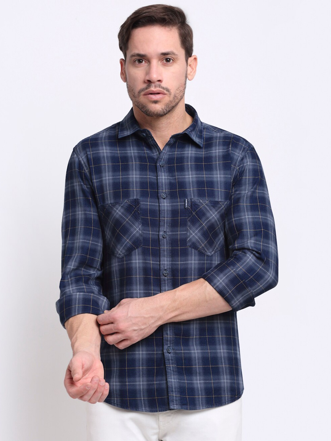 

Cantabil Men Blue Checked Pure Cotton Casual Shirt