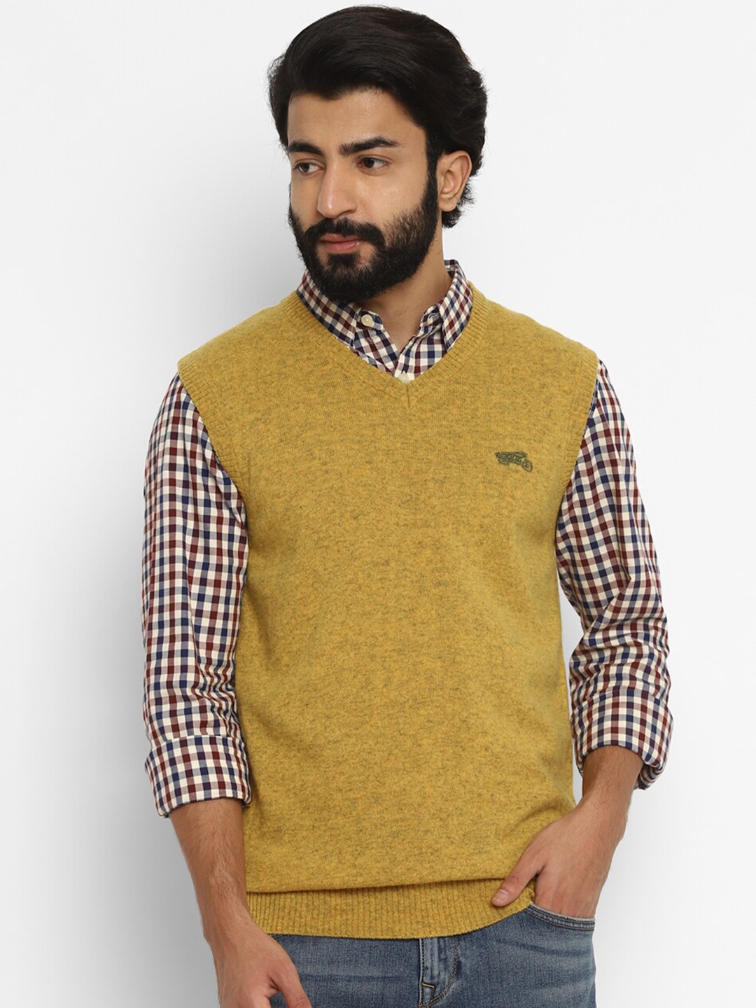 

Royal Enfield Men Yellow Solid V-neck Sweater Vest