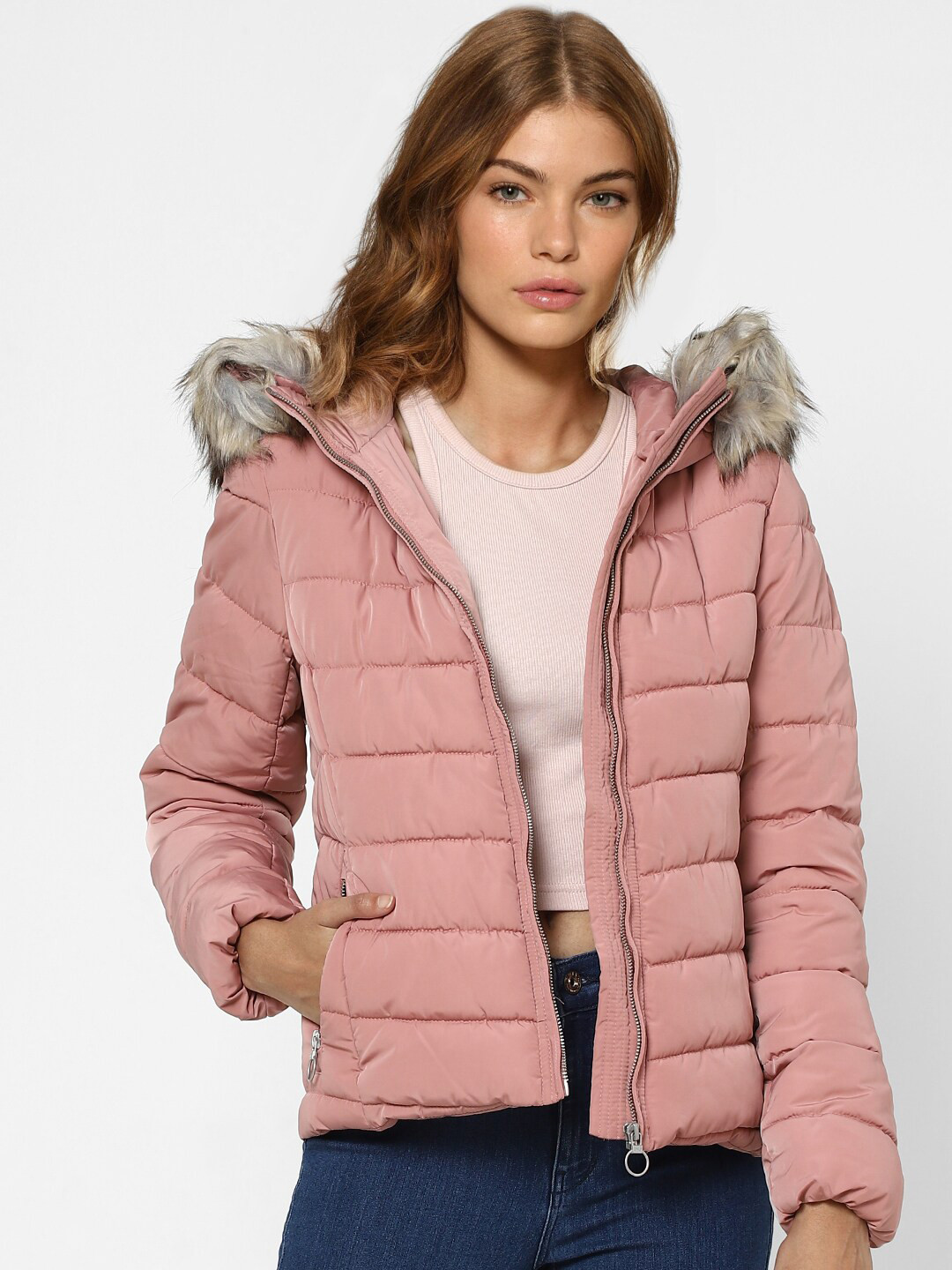 

ONLY Women Pink peach beige Colourblocked Puffer Jacket