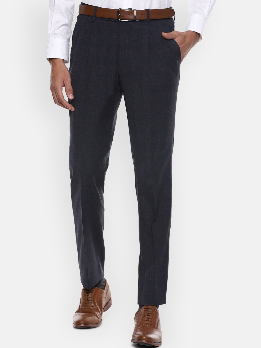 

Luxure by Louis Philippe Men Navy Blue Checked Slim Fit Trousers