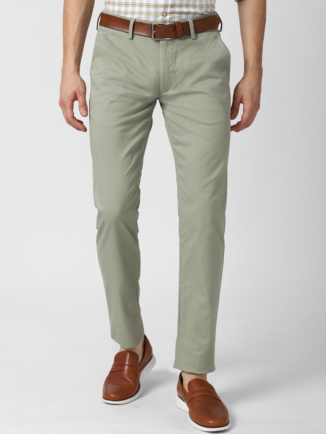 

Peter England Casuals Men Green Solid Mid-Rise Slim Fit Trousers