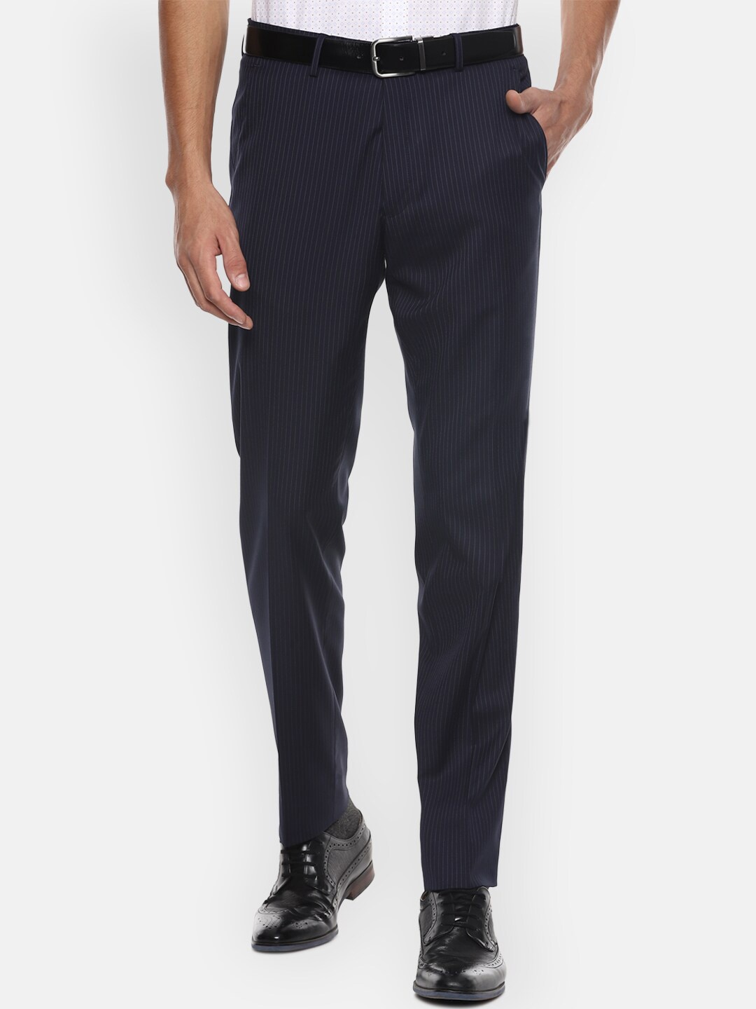 

Van Heusen Men Navy Blue Striped Slim Fit Trousers