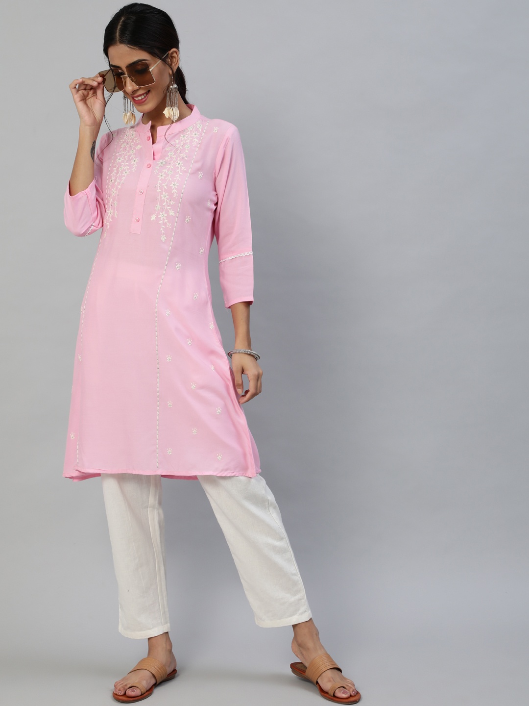 

Anubhutee Women Pink Floral Embroidered Pure Cotton Kurta with Trousers