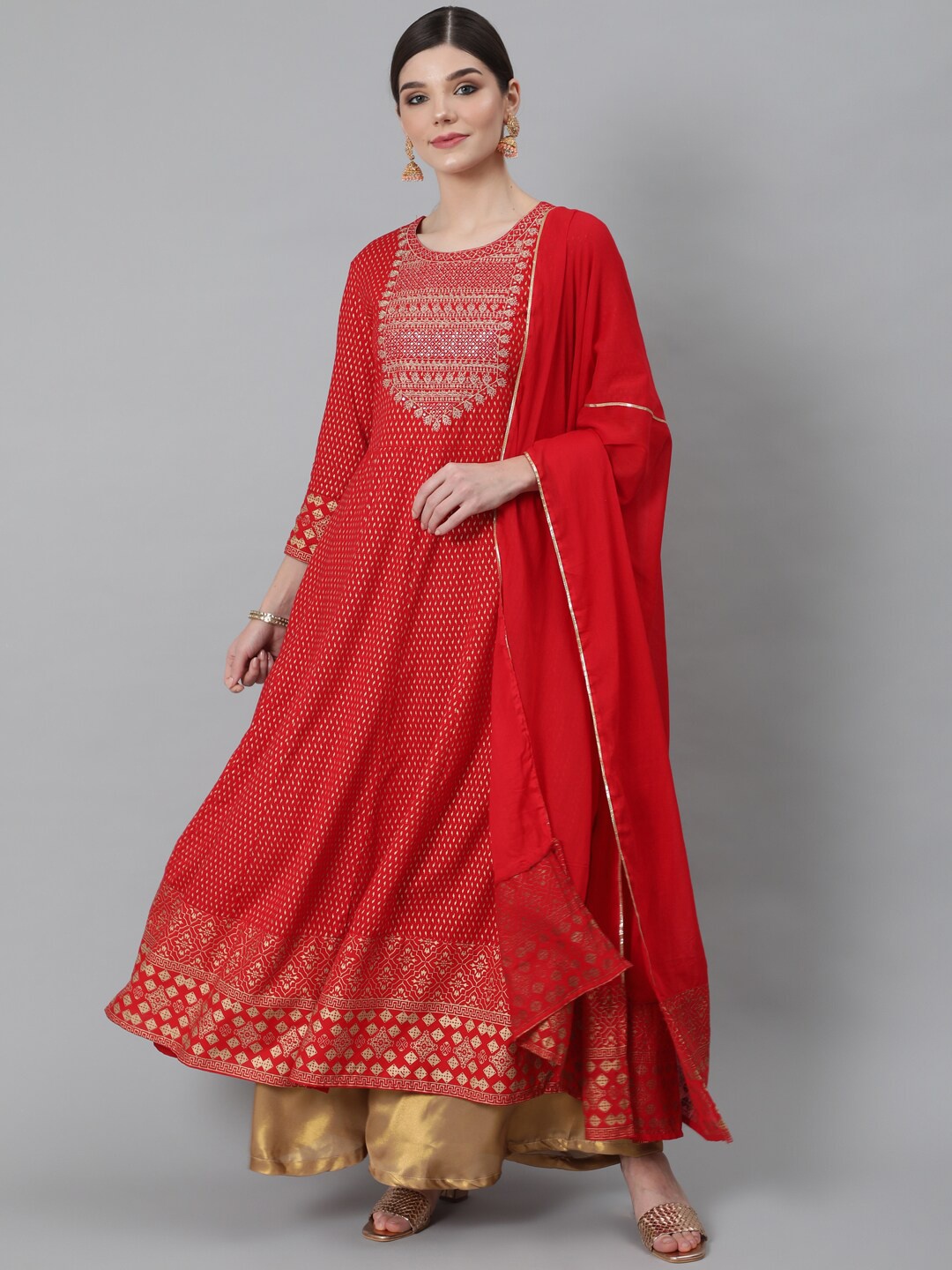 

Anubhutee Women Red Ethnic Motifs Printed Anarkali Kurta With Dupatta