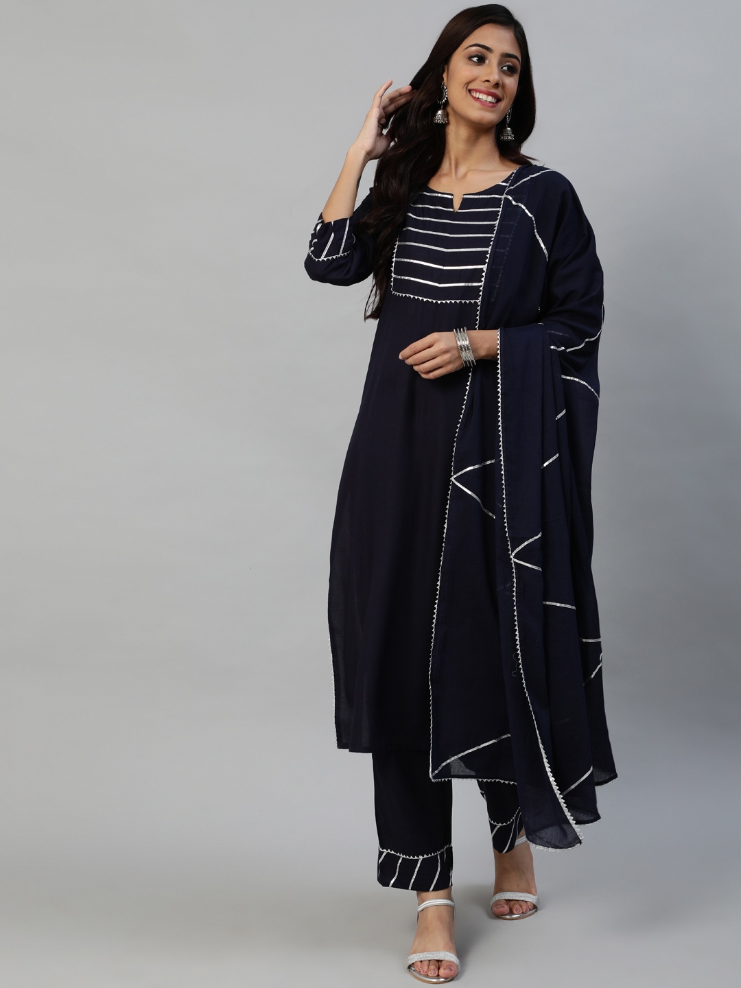 

Anubhutee Women Navy Blue Yoke Design Gotta Patti Kurta with Trousers & Dupatta