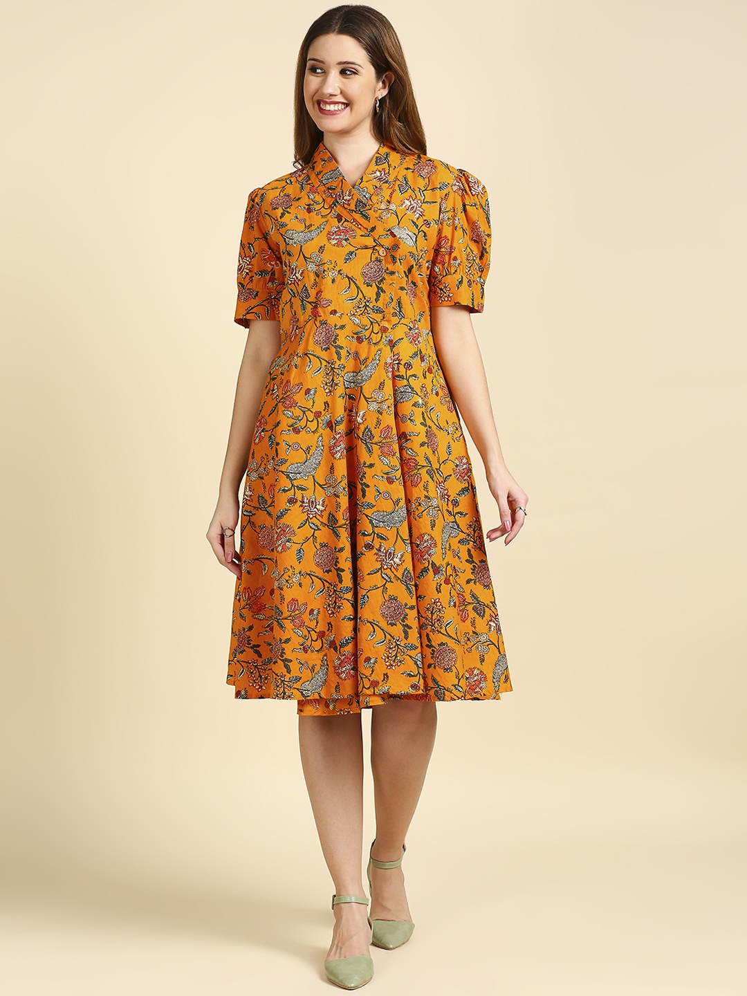 

Anubhutee Mustard Yellow Floral A-Line Midi Dress