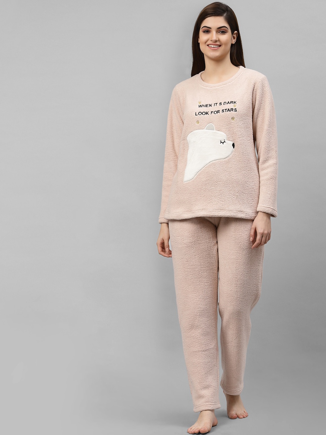 

Sweet Dreams Women Peach-Coloured & White Textured Night suit