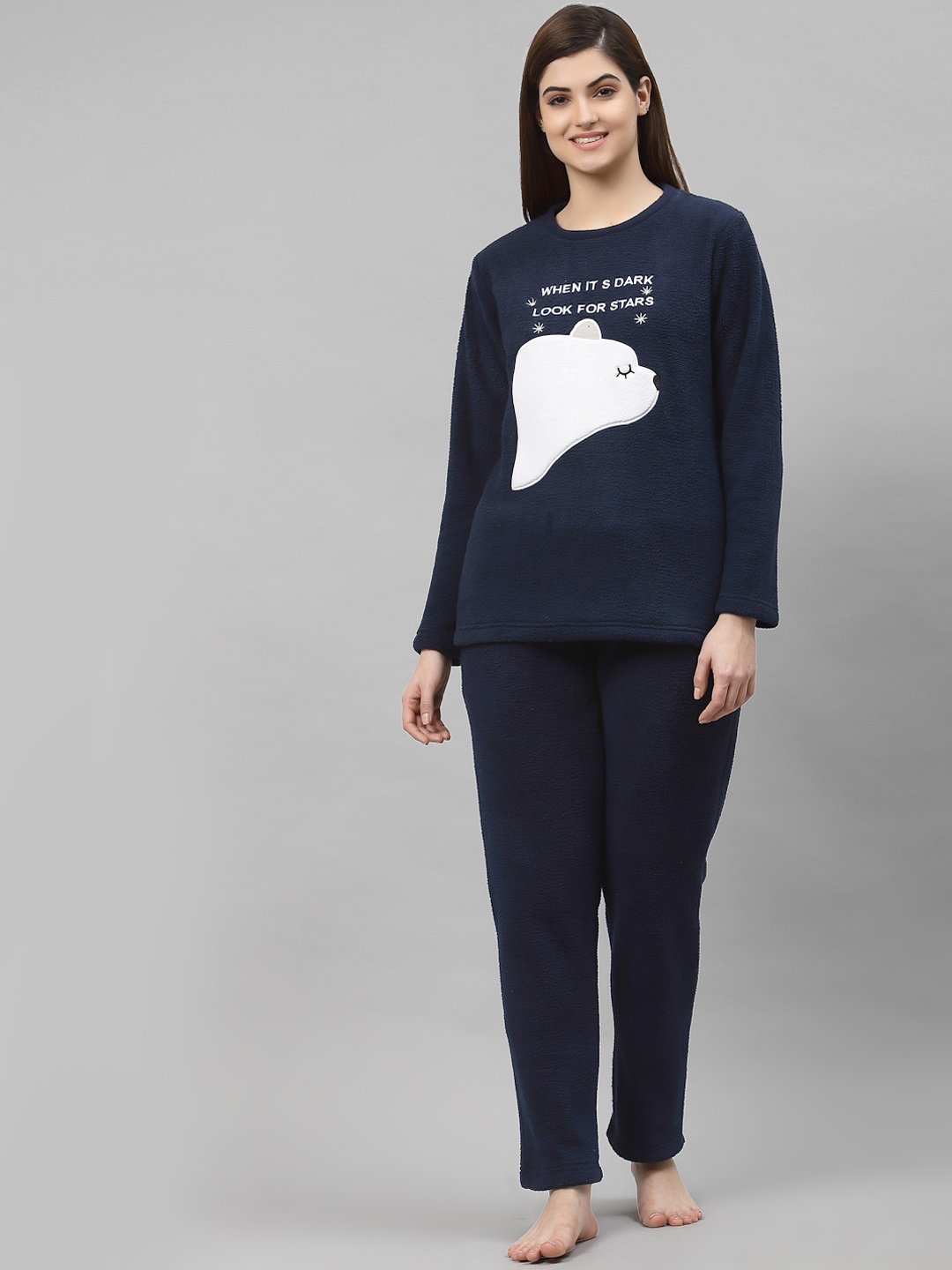 

Sweet Dreams Women Navy Blue Textured Night suit