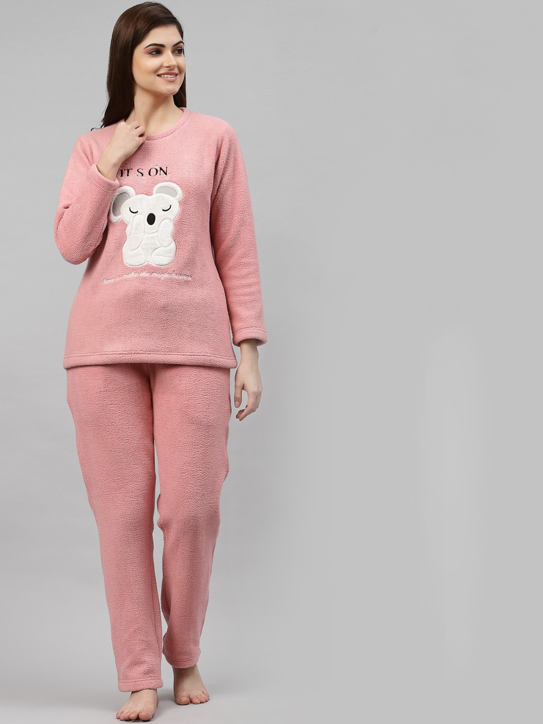 

Sweet Dreams Women Super Soft Polar Fleece Applique Winter Pyjama Set, Pink