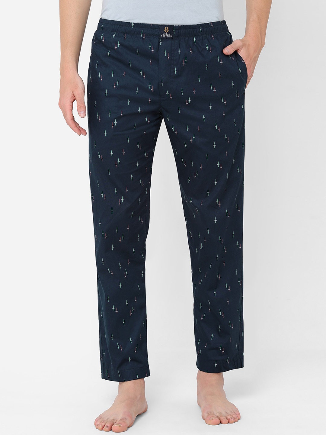

URBAN SCOTTISH Men Navy Blue & Green Printed Pure Cotton Lounge Pants