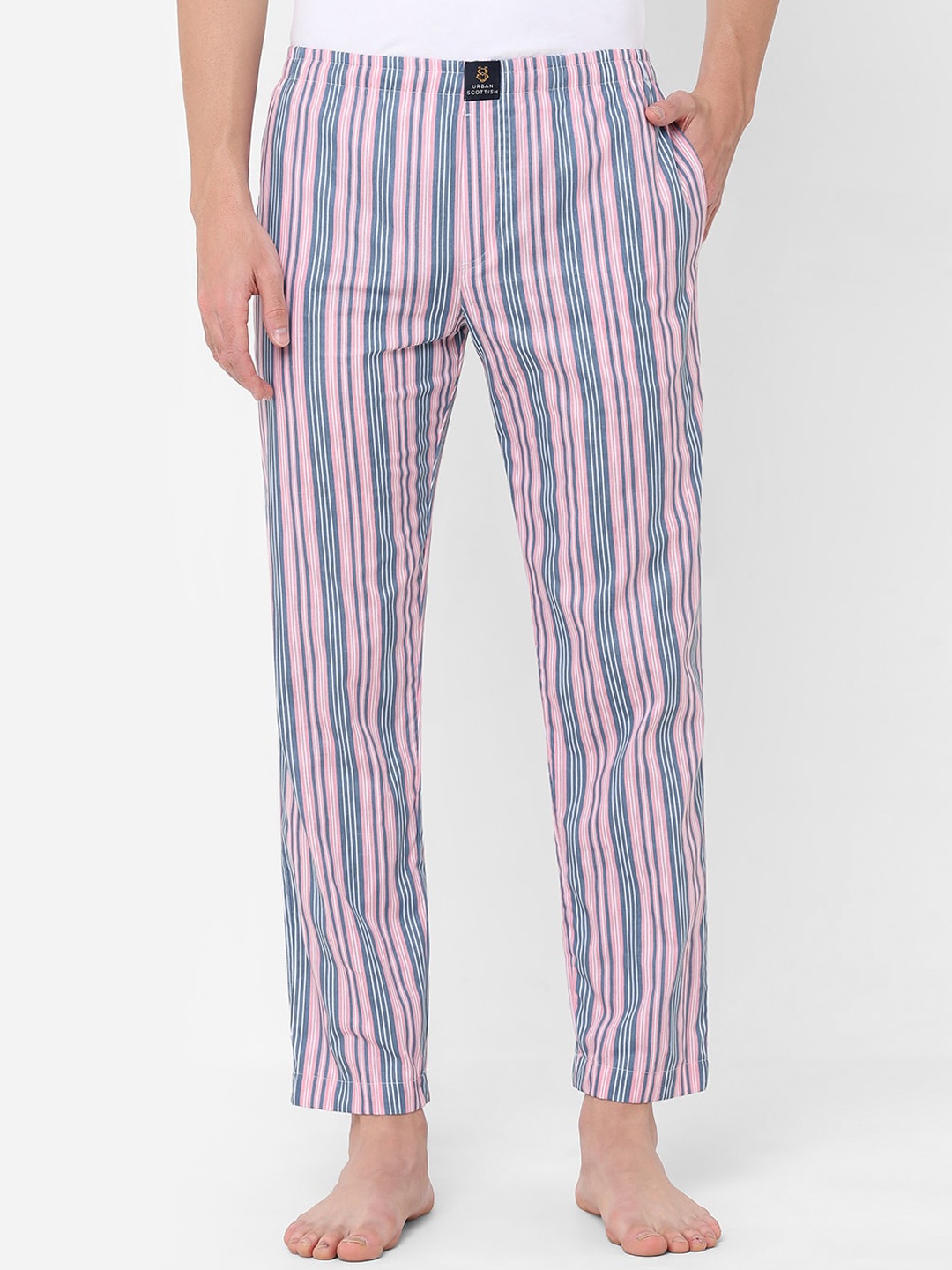 

URBAN SCOTTISH Men Pink & Blue Striped Pure Cotton Lounge Pants