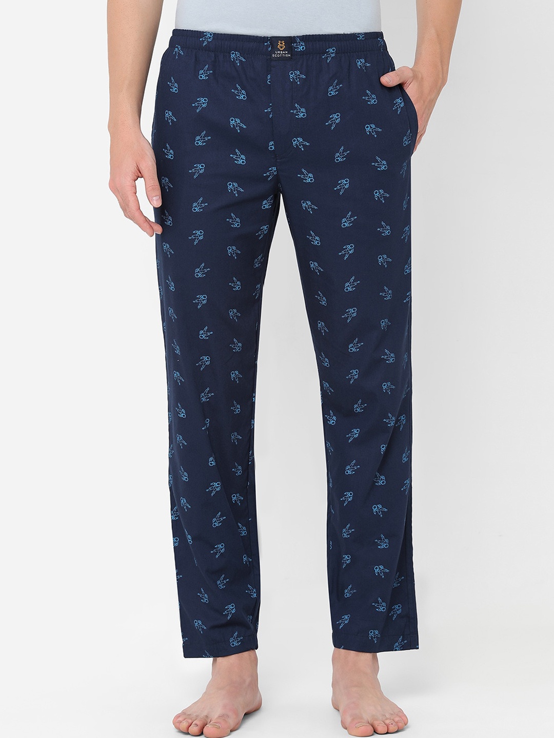 

URBAN SCOTTISH Men Navy Blue Printed Pure Cotton Lounge Pants