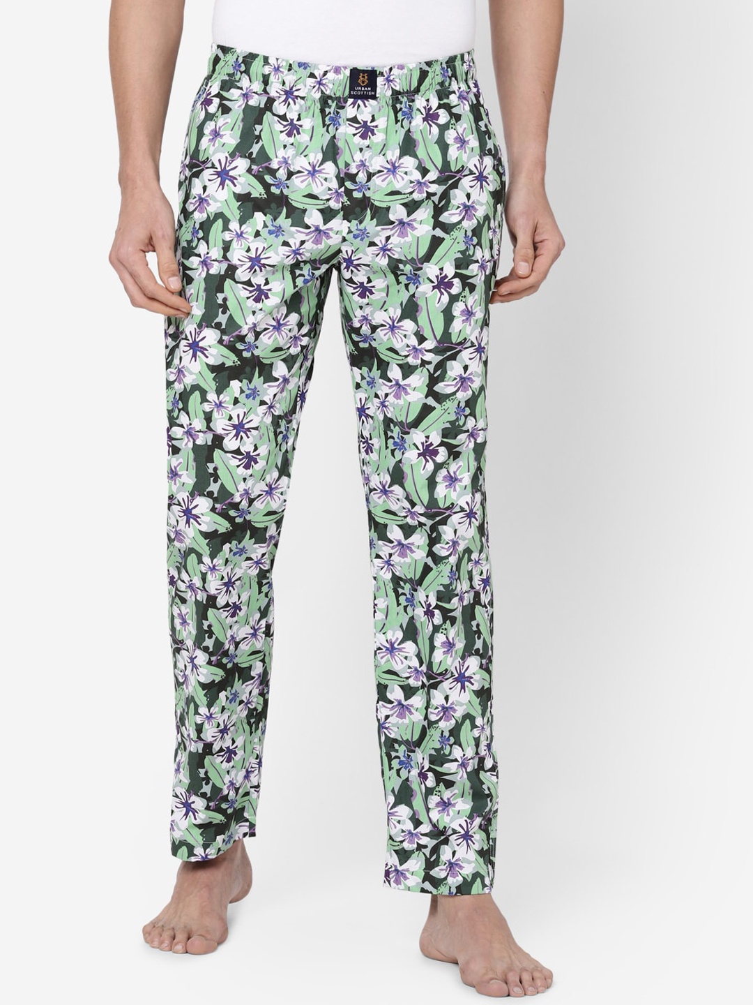 

URBAN SCOTTISH Men Green & White Floral Printed Pure Cotton Lounge Pants
