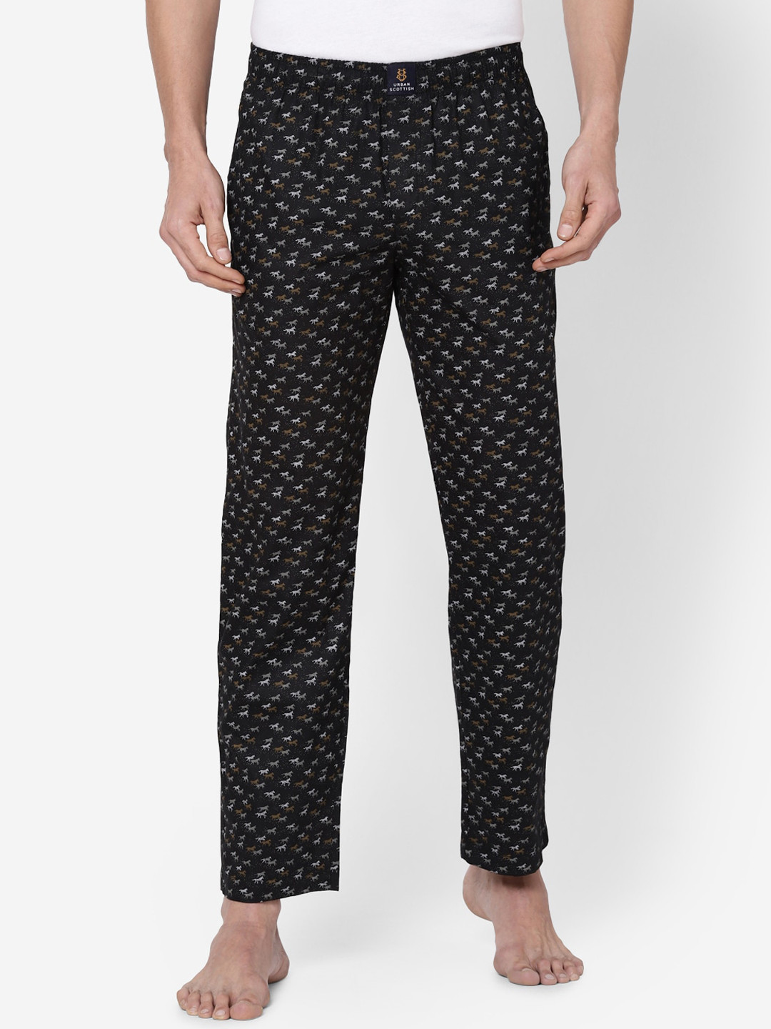 

URBAN SCOTTISH Men Black & Brown Printed Pure Cotton Lounge Pants