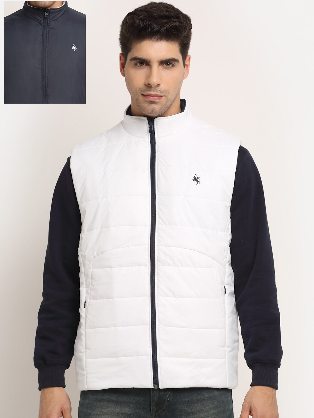 

Cantabil Men White & Navy Blue Solid Reversible Padded Jacket