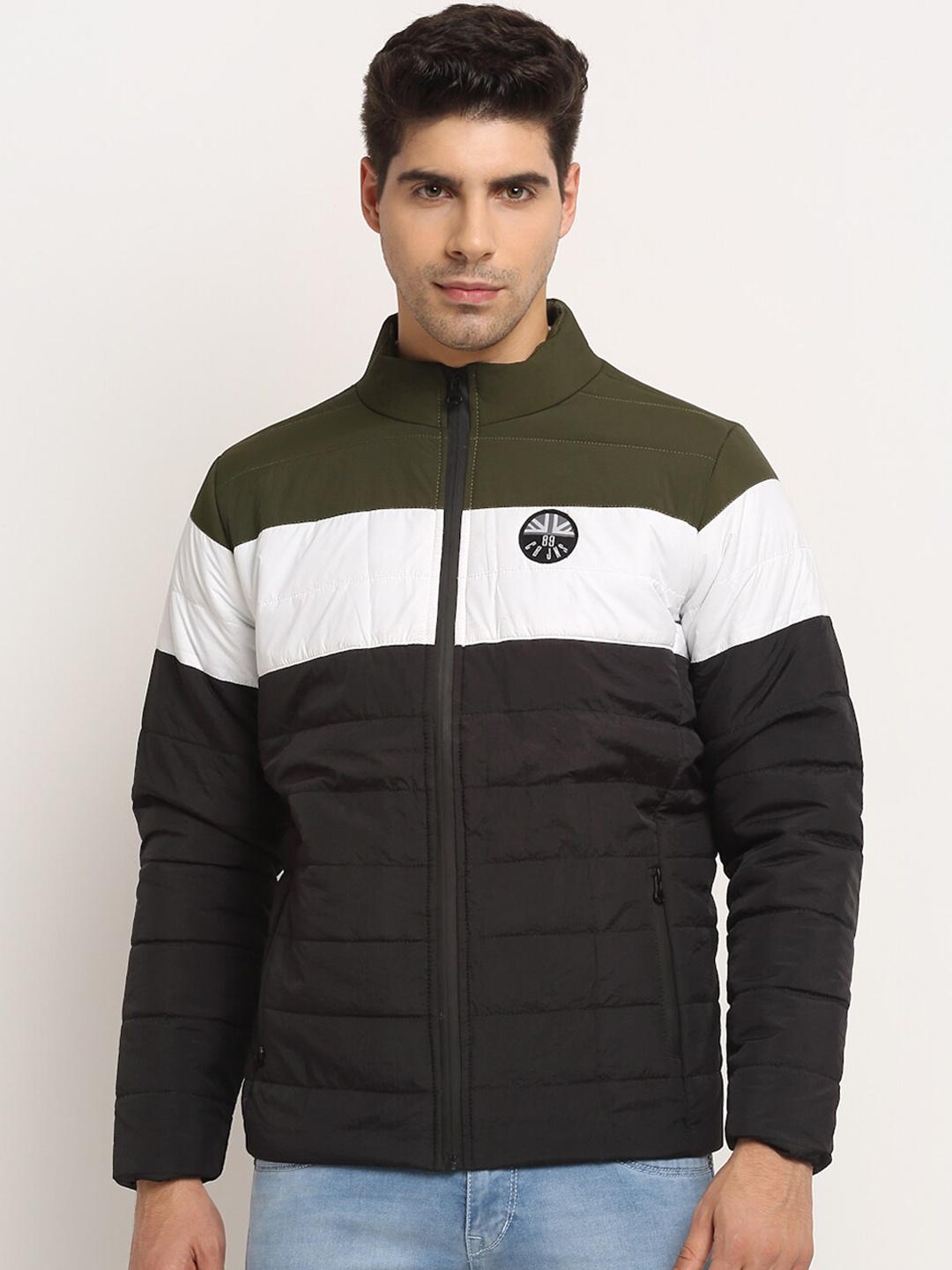 

Cantabil Men Olive Green Colourblocked Puffer Jacket
