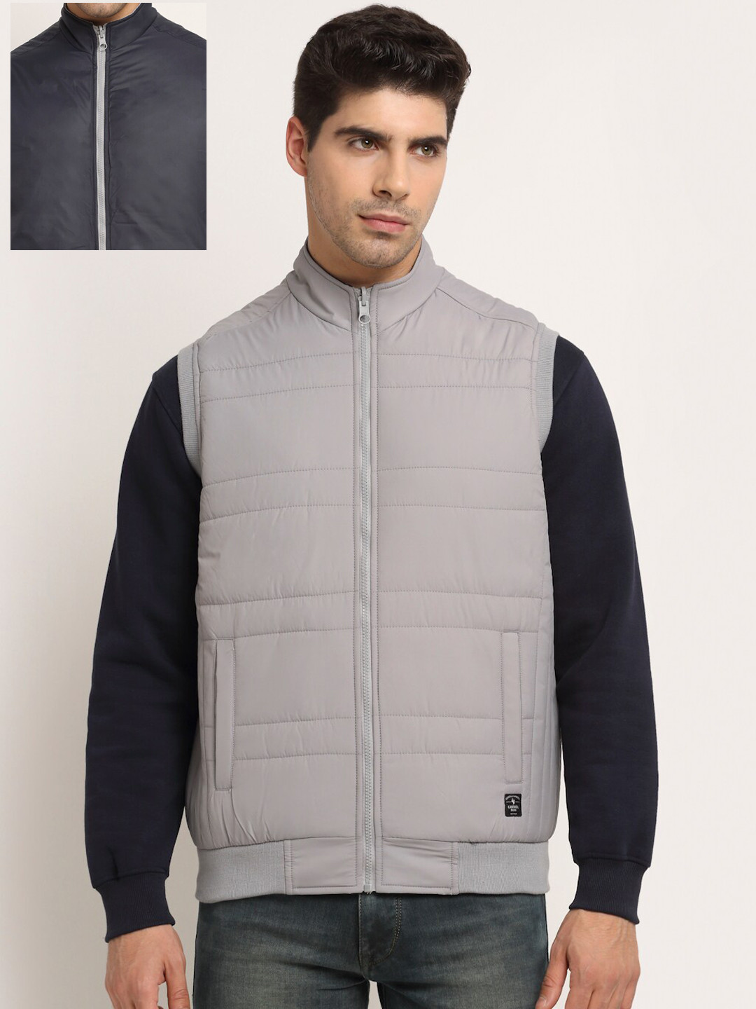 

Cantabil Men Grey & Navy Blue Solid Reversible Sporty Jacket