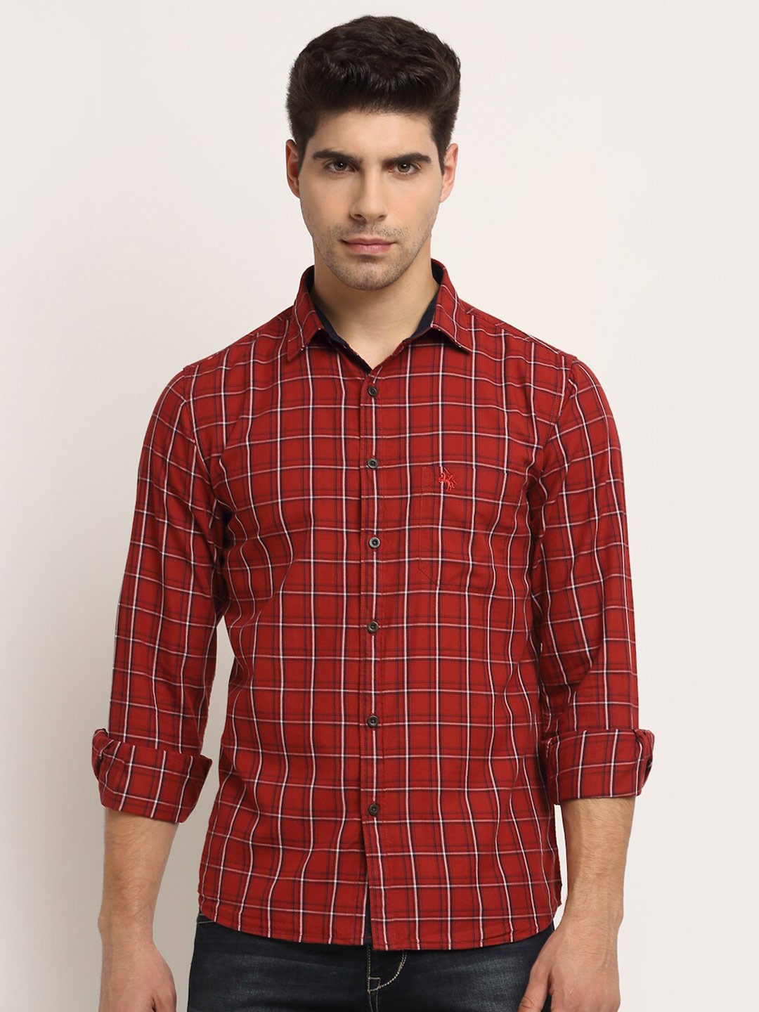 

Cantabil Men Maroon Checked Pure Cotton Casual Shirt