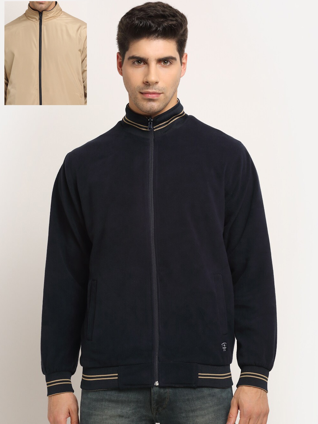 

Cantabil Men Beige Navy Blue Striped Reversible Bomber Jacket