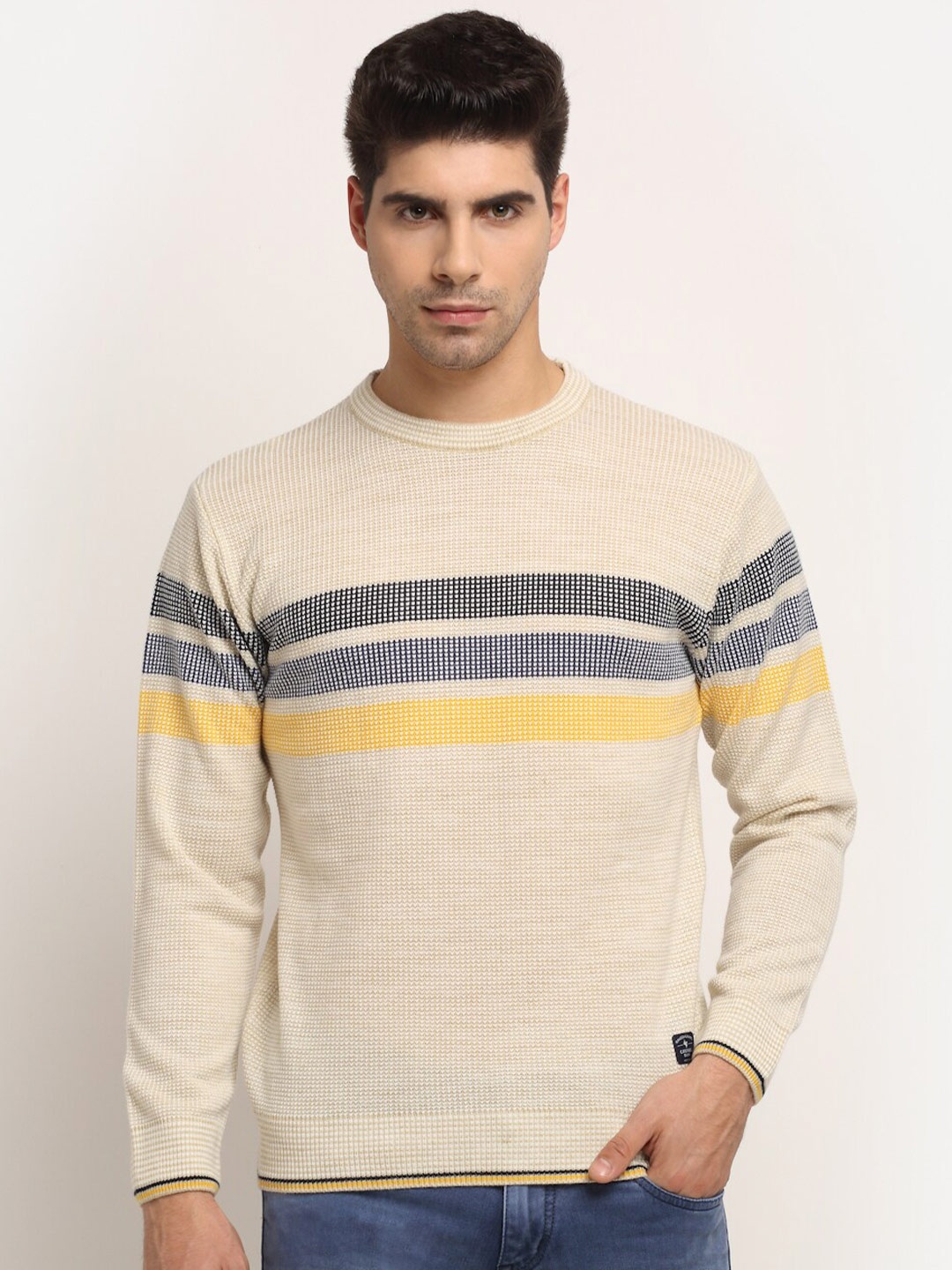 

Cantabil Men Beige & Yellow Striped Pure Wool Pullover