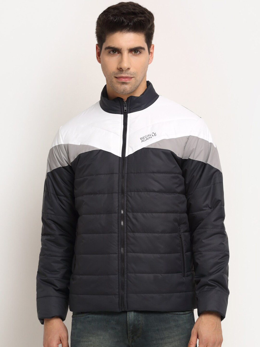 

Cantabil Men Navy Blue Colourblocked Padded Jacket