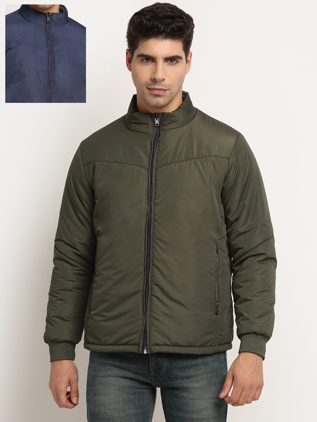 

Cantabil Men Olive Green & Navy Blue Reversible Bomber Jacket
