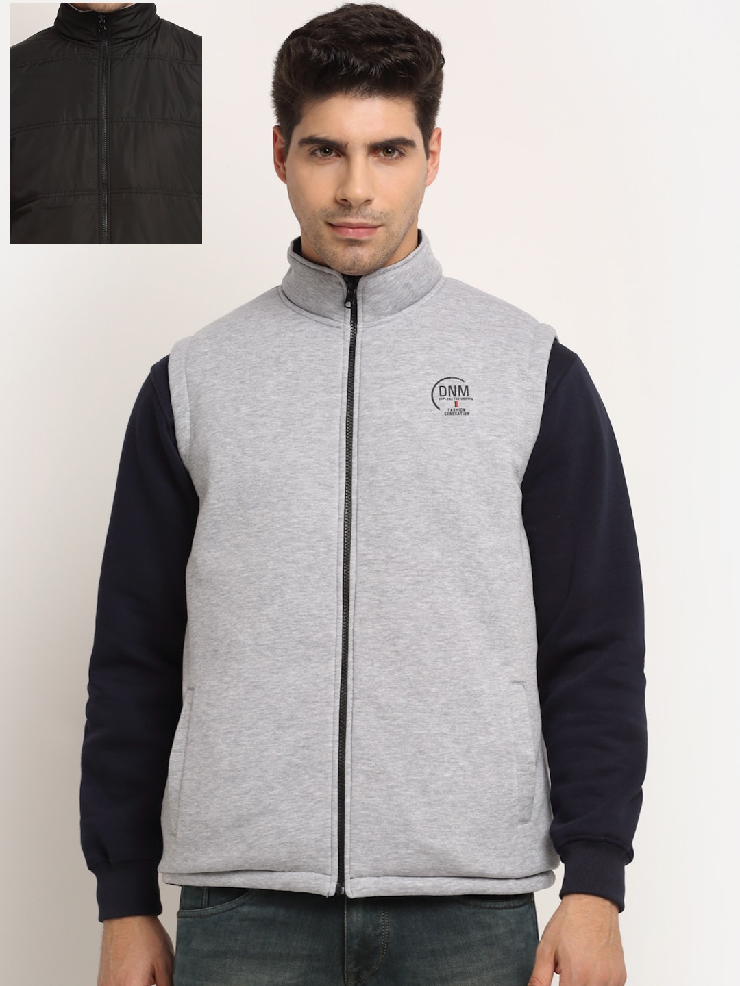 

Cantabil Men Grey Melange & Black Solid Reversible Sporty Jacket