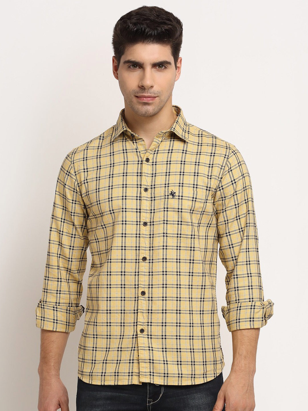 

Cantabil Men Yellow Checked Pure Cotton Casual Shirt
