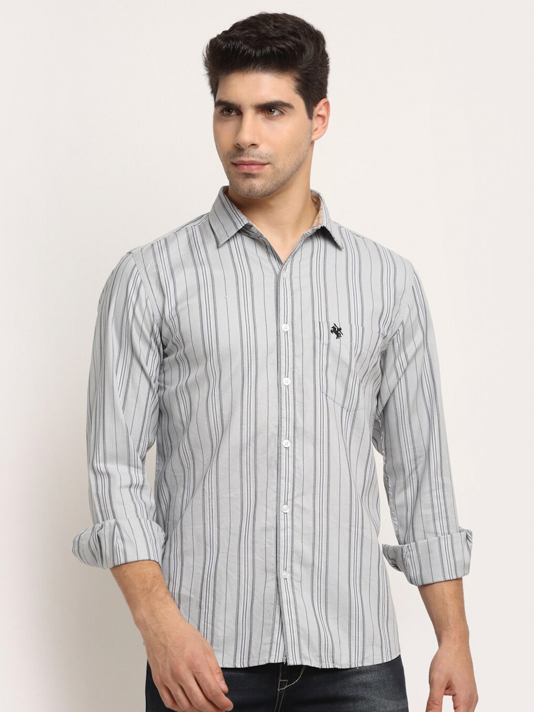 

Cantabil Men Grey Striped Cotton Casual Shirt